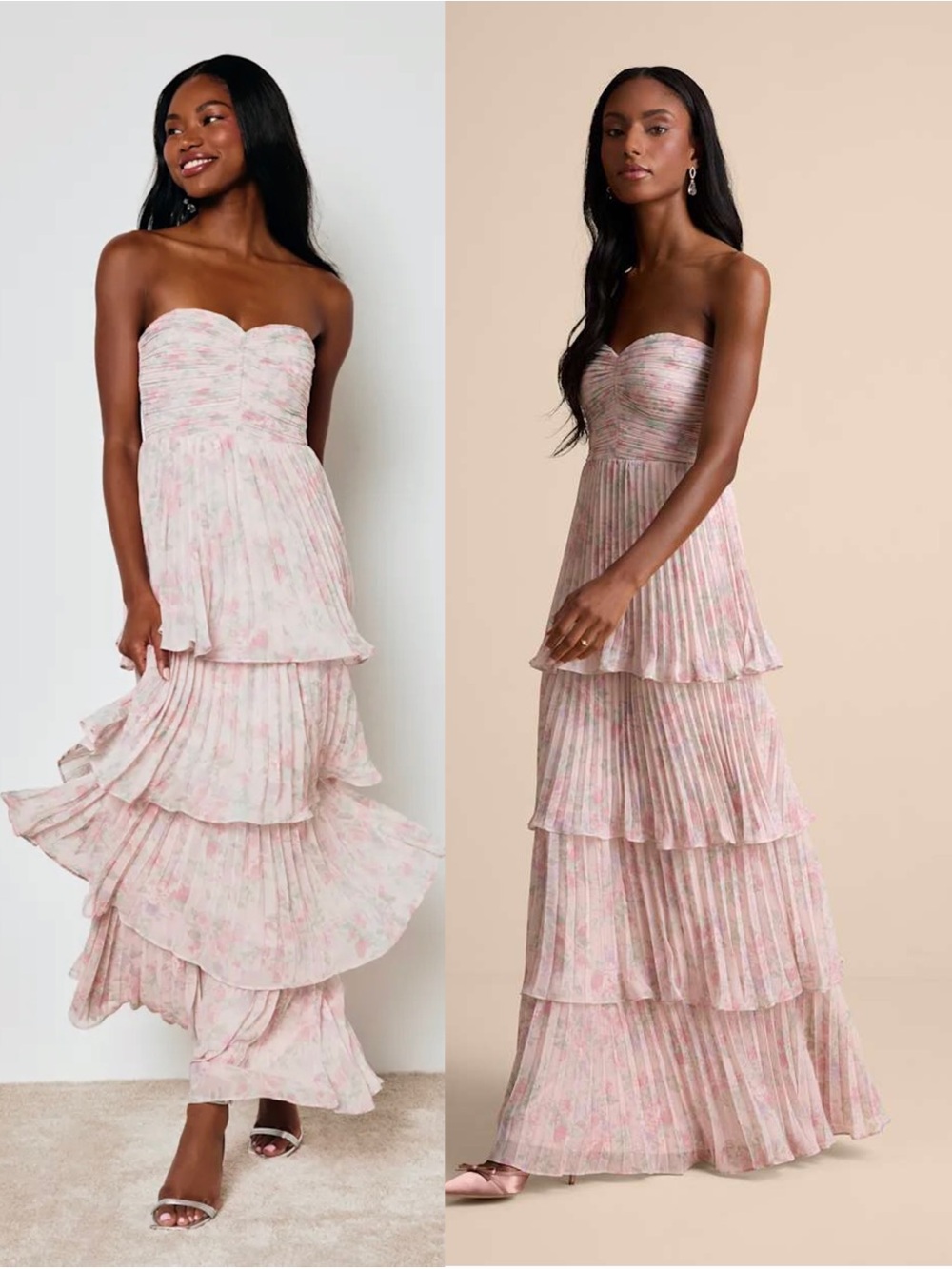 LULUS Floral Strapless Sweetheart Neck Pleated Tiered Ruffle Fairycore Dress M
